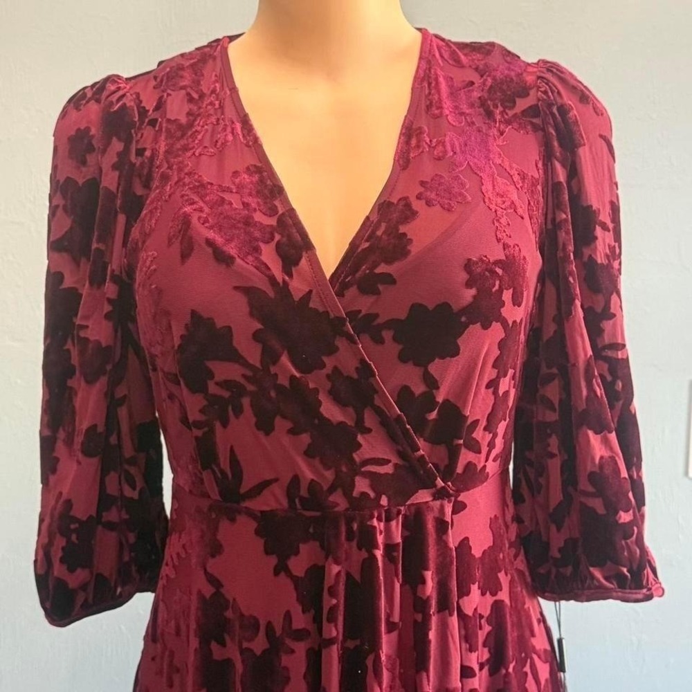 Calvin Klein Burgundy velvet midi dress with lace detailing and wrap style‎